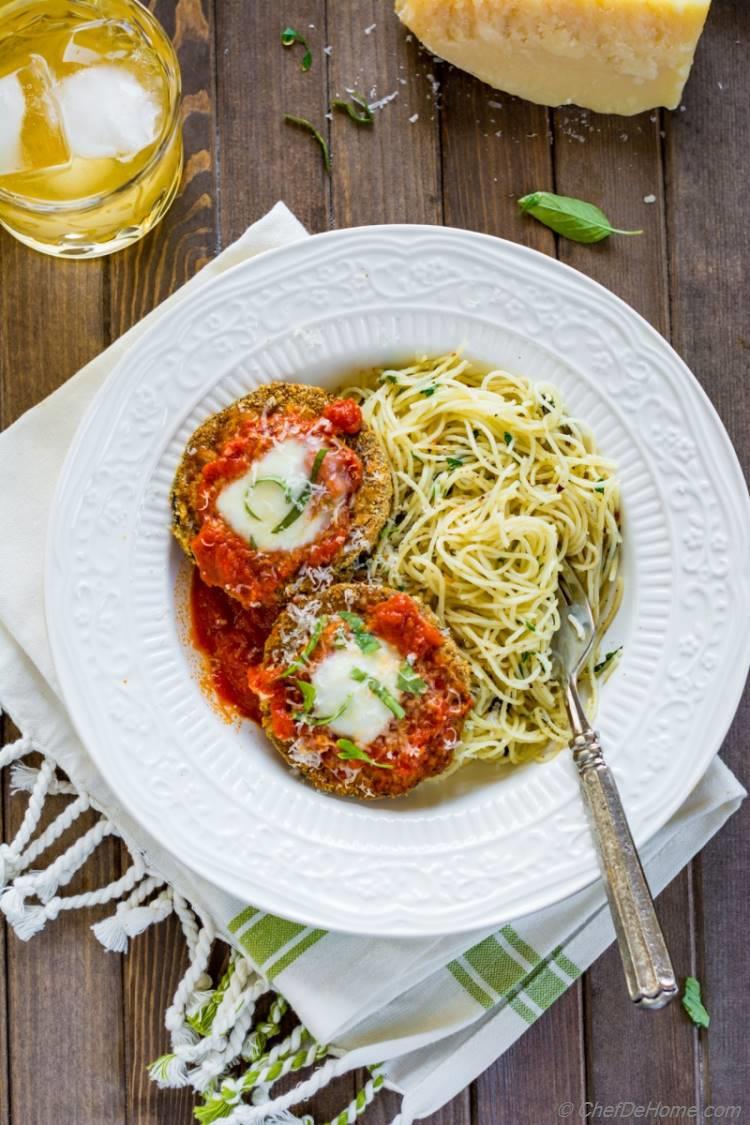 Healthy Light The Best Baked Eggplant Parmesan with light garlic-herb pasta and delicious marinara sauce | chefdehome.com