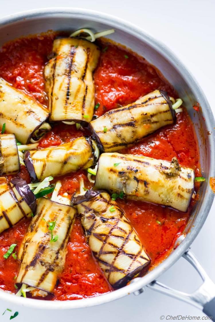 Grilled Eggplant Rolls with cheese and zucchini noodles