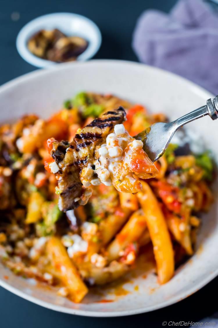 Grilled Eggplant Pasta Tomato Sauce on Fork