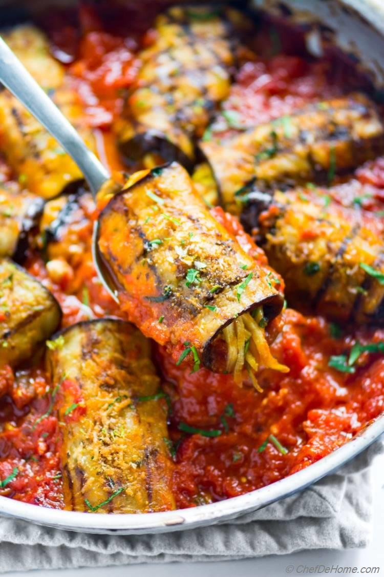 Healthy Eggplant Rollatini with lite grilled eggplant and parmesan topping