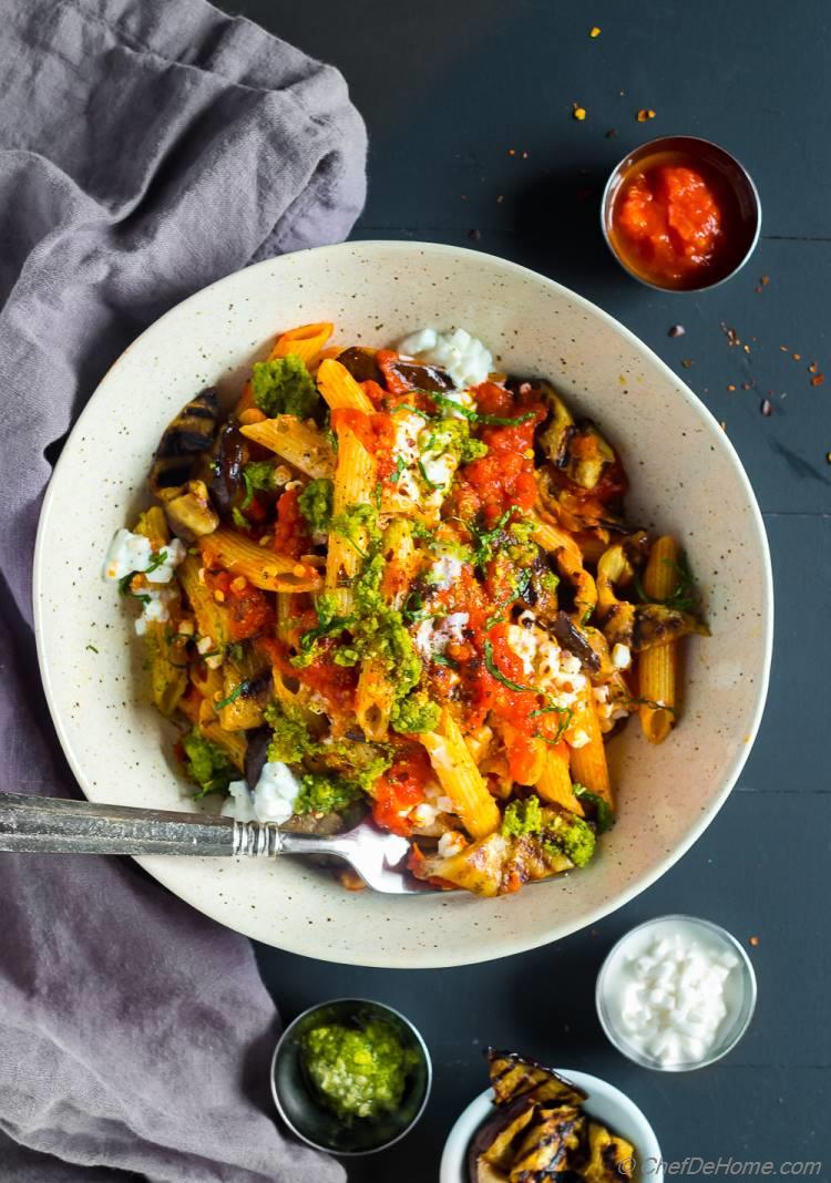 Pasta with eggplant tomato pesto sauce 