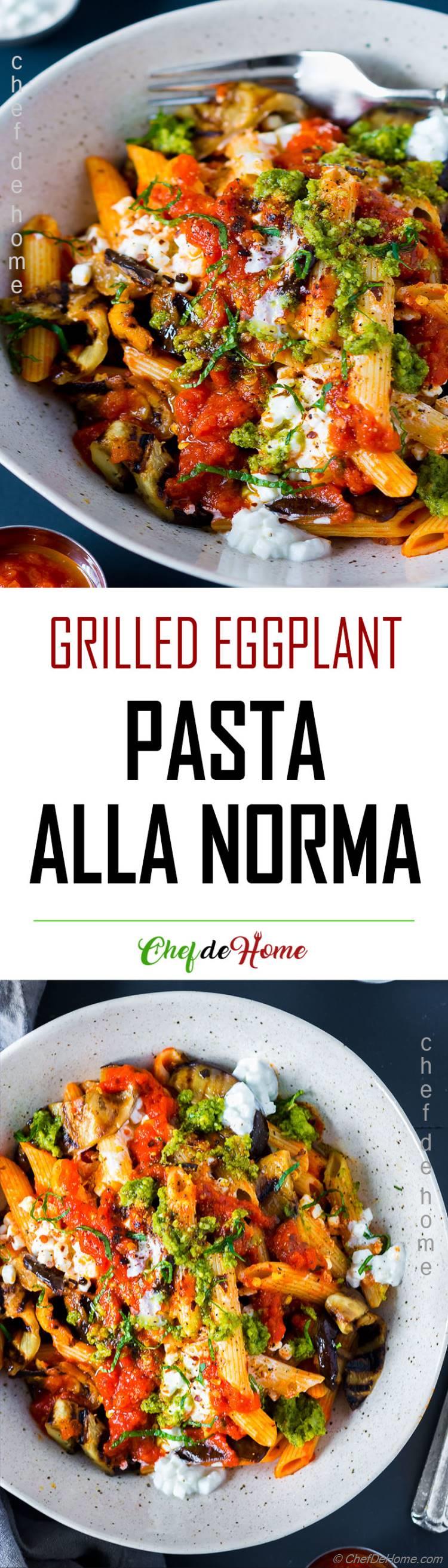 Homemade Pasta Norma Bowl with Grilled Eggplant