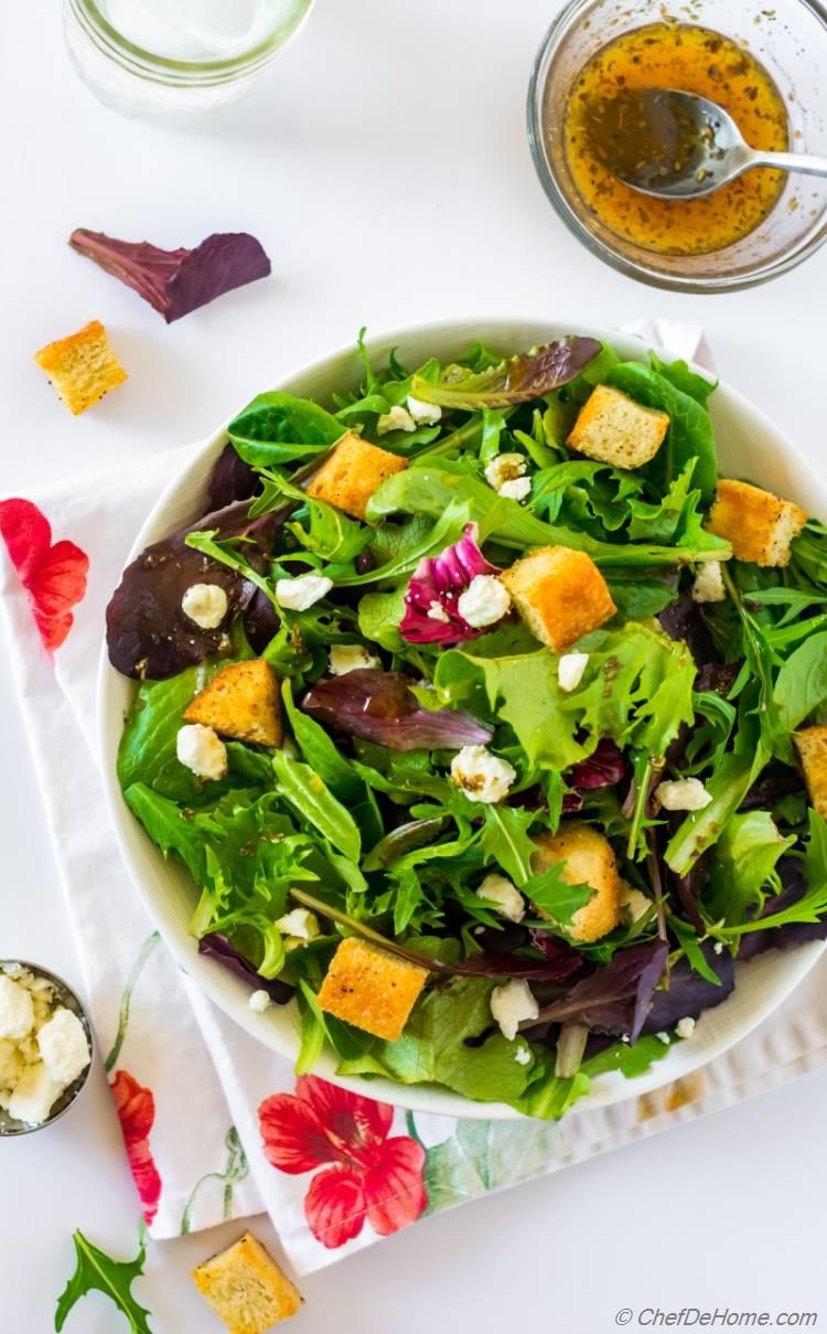 chilis queso fresco salad of spring greens and lemon honey dressing | chefdehome.com