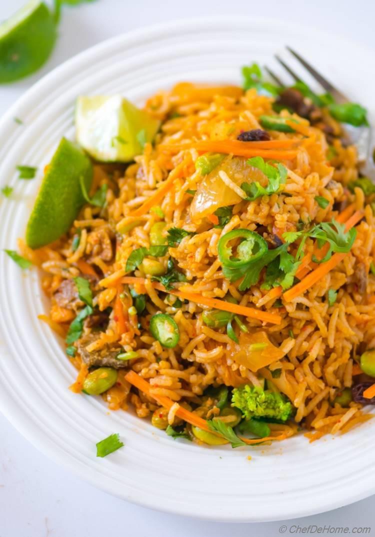 Spicy Kimchi Fried Rice with mushroom and broccoli