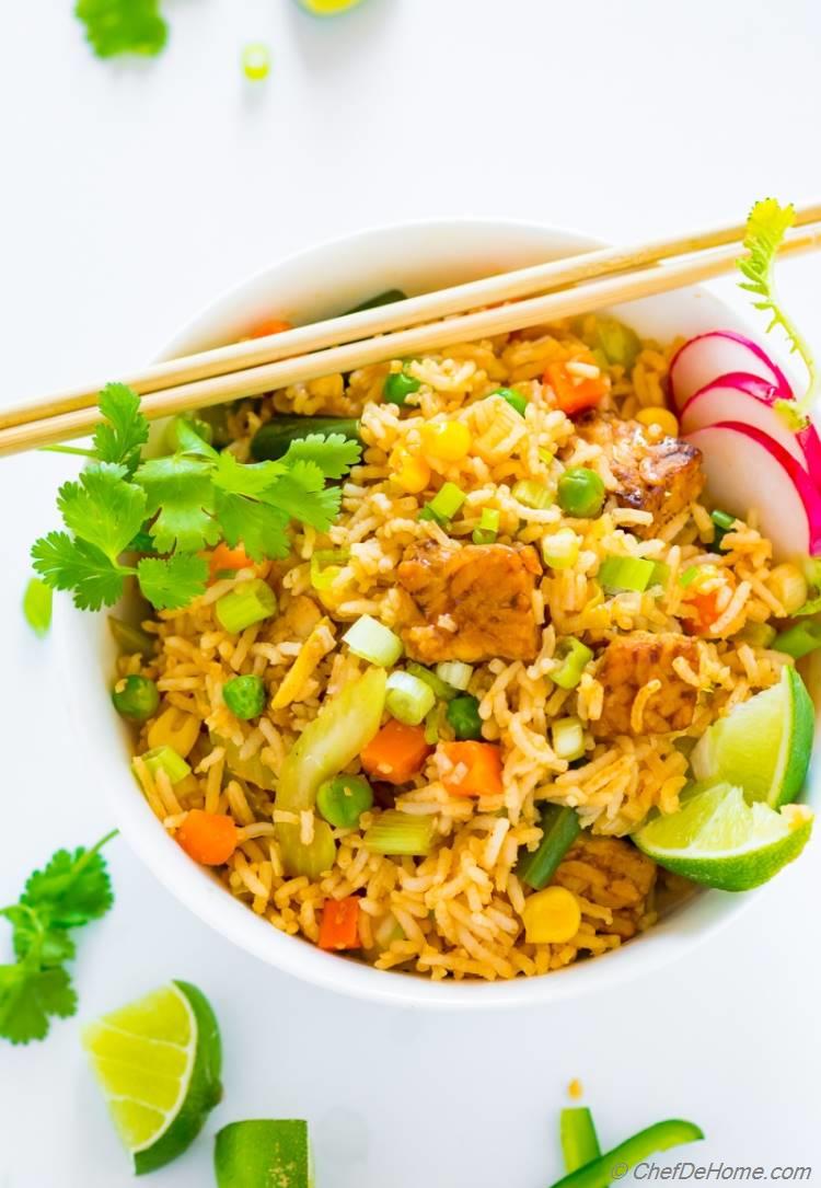 Vegan Fried Rice Bowl with spicy sriracha marinated tempeh