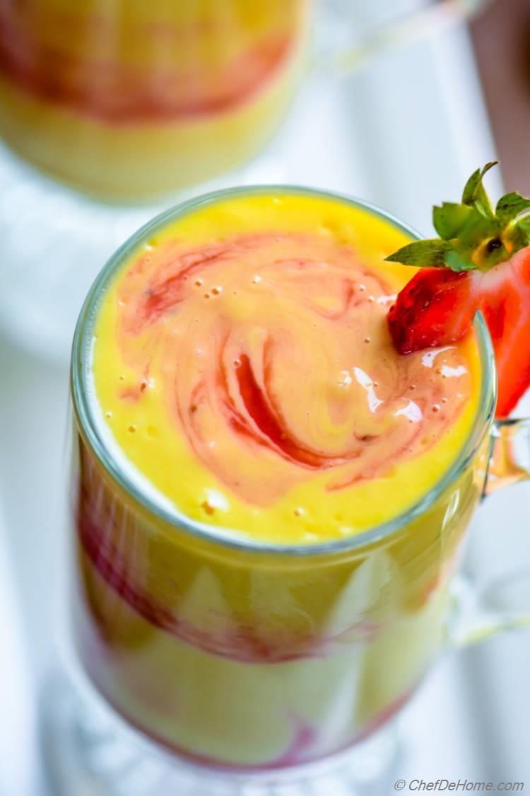 Greek Yogurt Mango Smoothie with Strawberry Swirl | chefdehome.com