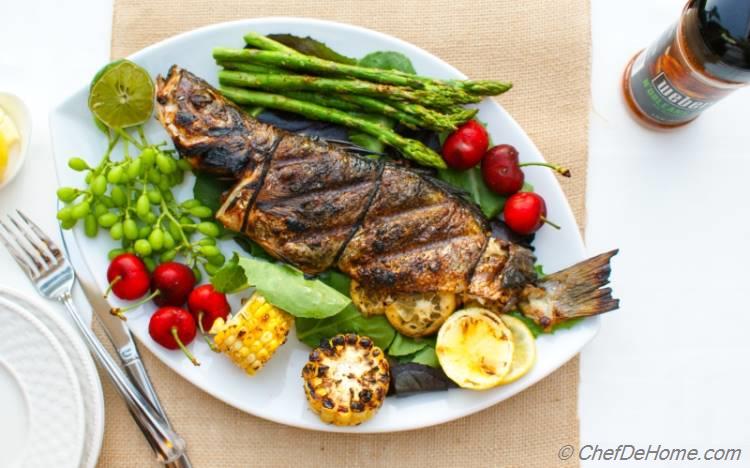 Cajon Seasoned Whole Grilled Branzino with Lemons