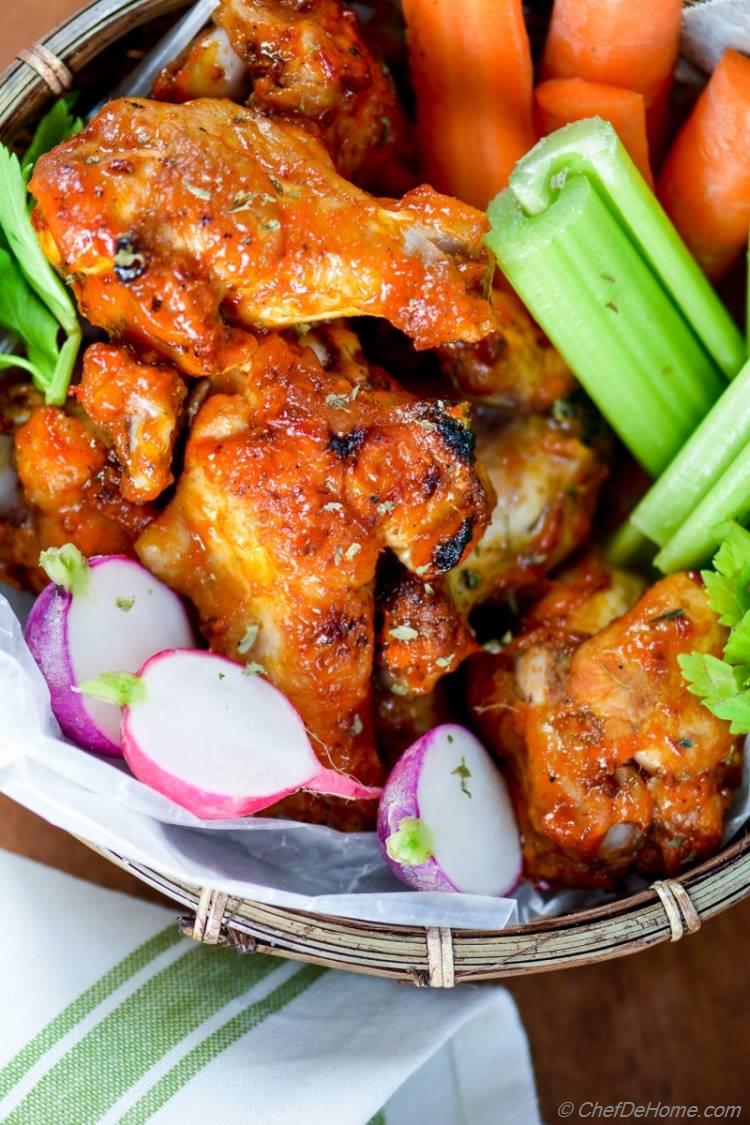Game Day Favorite Sweet and Spicy Chicken Wings with Mango and Harissa BBQ Hot Sauce | chefdehome.com