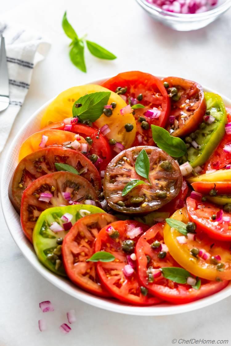 Sliced Fresh Heirloom Tomato Basil Salad with Dressing