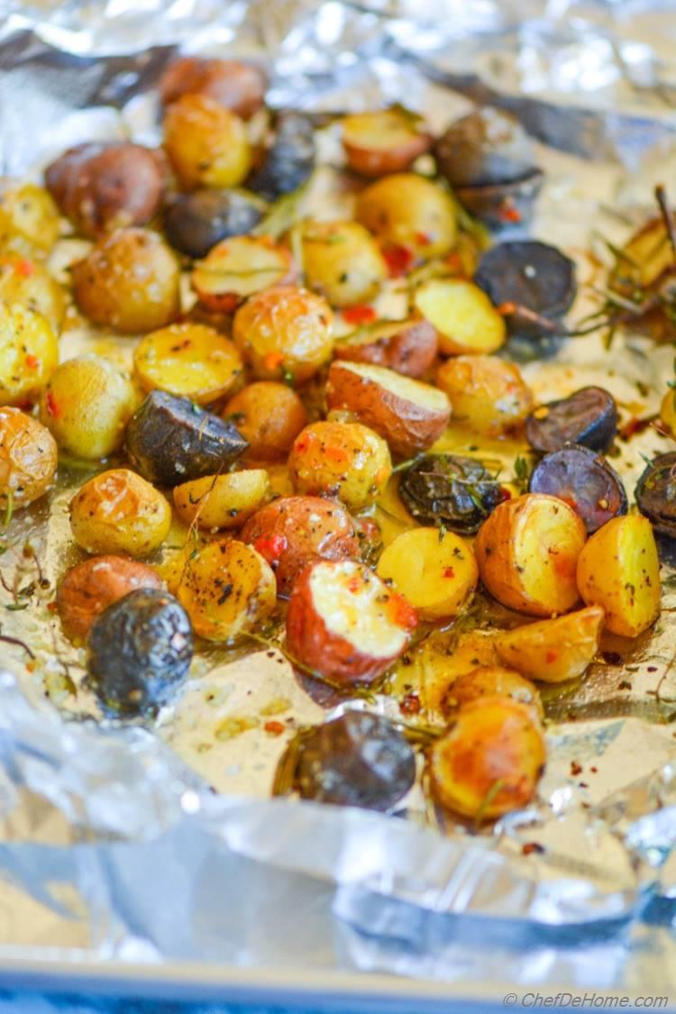 Herb Roasted Baby Potatoes with Sweet and Spicy Mustard Dressing! A sweet, spicy, and satisfying side with holiday roasted meat dinners!