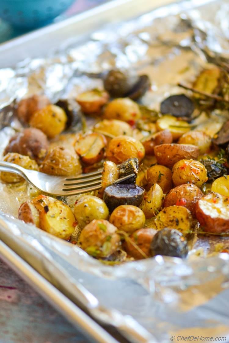 Herb Roasted Baby Potatoes with Sweet and Spicy Mustard Dressing! An easy, gluten free, and vegan side!