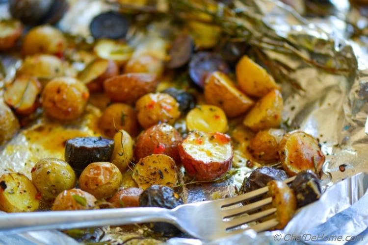 Rosemary and Thyme Roasted Baby Potatoes with Sweet and Spicy Mustard-Chili Dressing! 