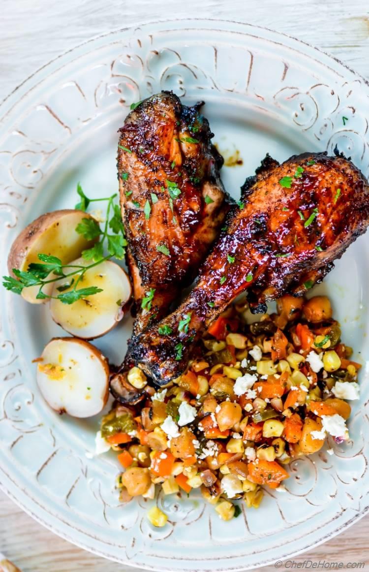 Chipotle BBQ Chicken Drumsticks for Dinner with Sweet and Sour Corn Succotash | chefdehome.com