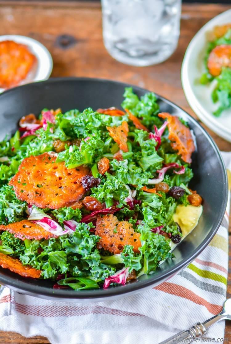 Vegetarian Kale Caesar Salad which is healthy mayo free with crunchy parmesan crisp croutons | chefdehome.com