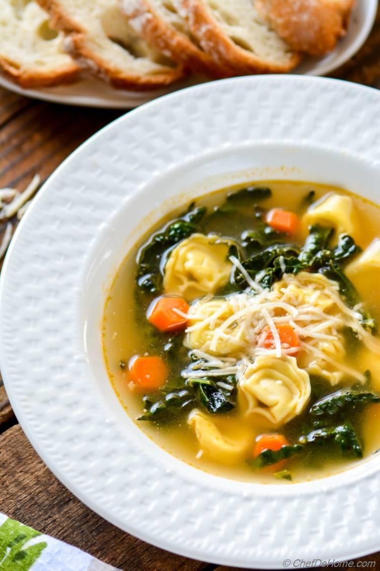 A Healthy Kale Soup with Tortellini and touch of Parmesan Cheese | chefdehome.com