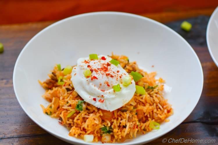 Kimchi Fried Rice with Shiitake and Poached Egg