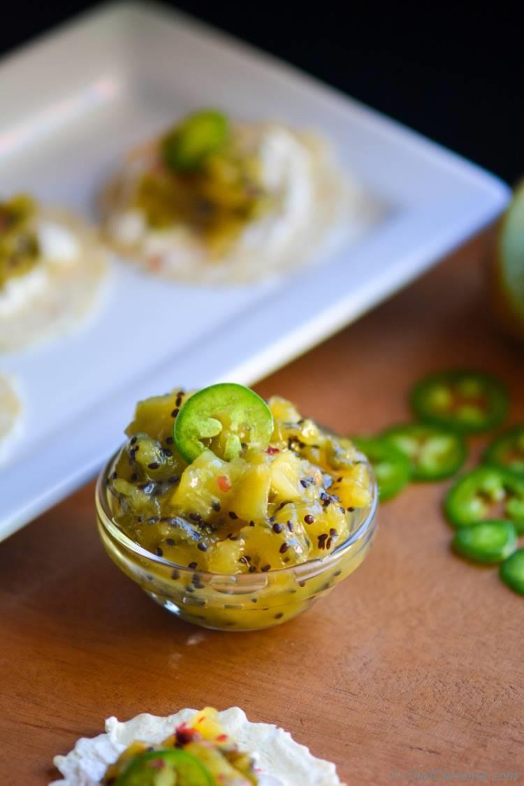 Sweet and Sour Kiwi and Jalapeno Chutney - a perfect condiment for a wine and cheese course