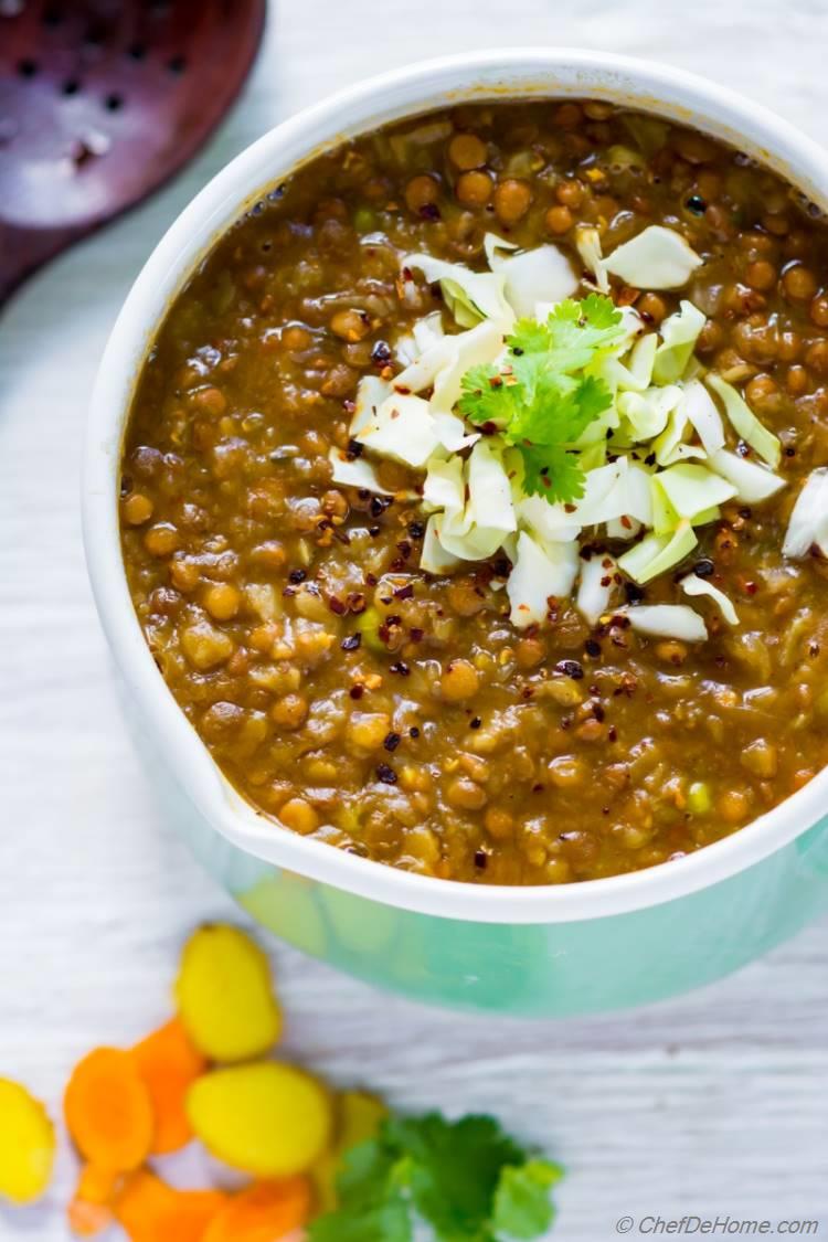 Vegan and Gluten free creamy lentil and cabbage soup | chefdehome.com