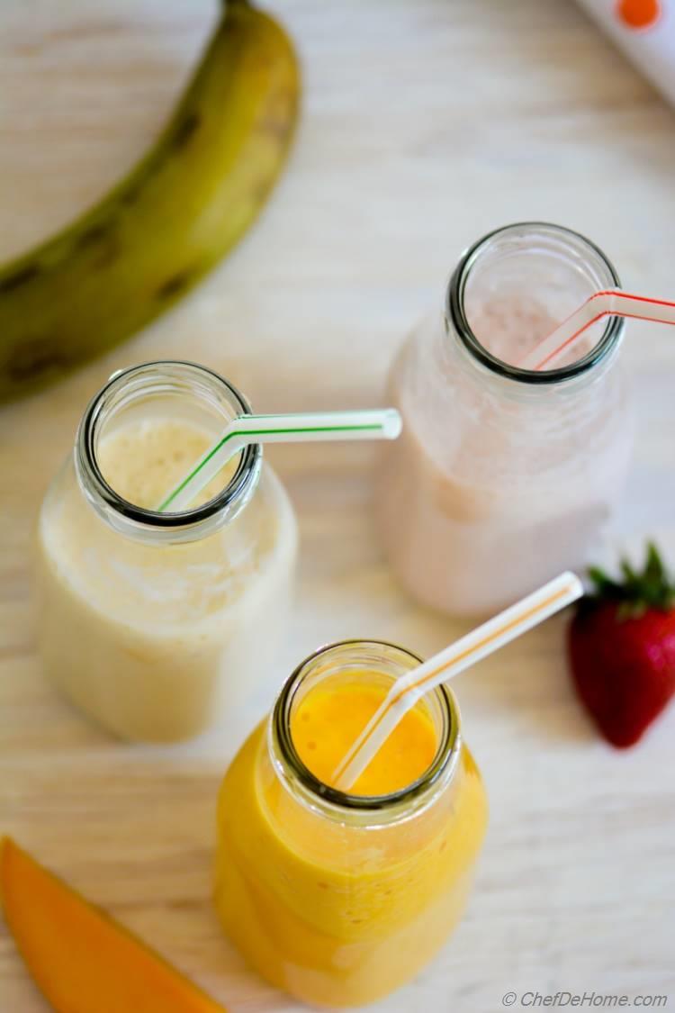 Almond Milk Shake - 3 Ways - Mango Strawberry Banana - chefdehome.com