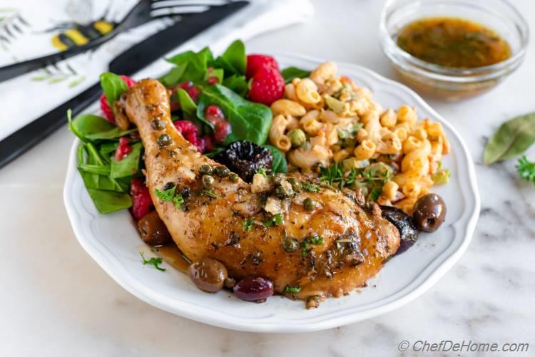 Chicken Marbella with Spinach Salad and Pasta