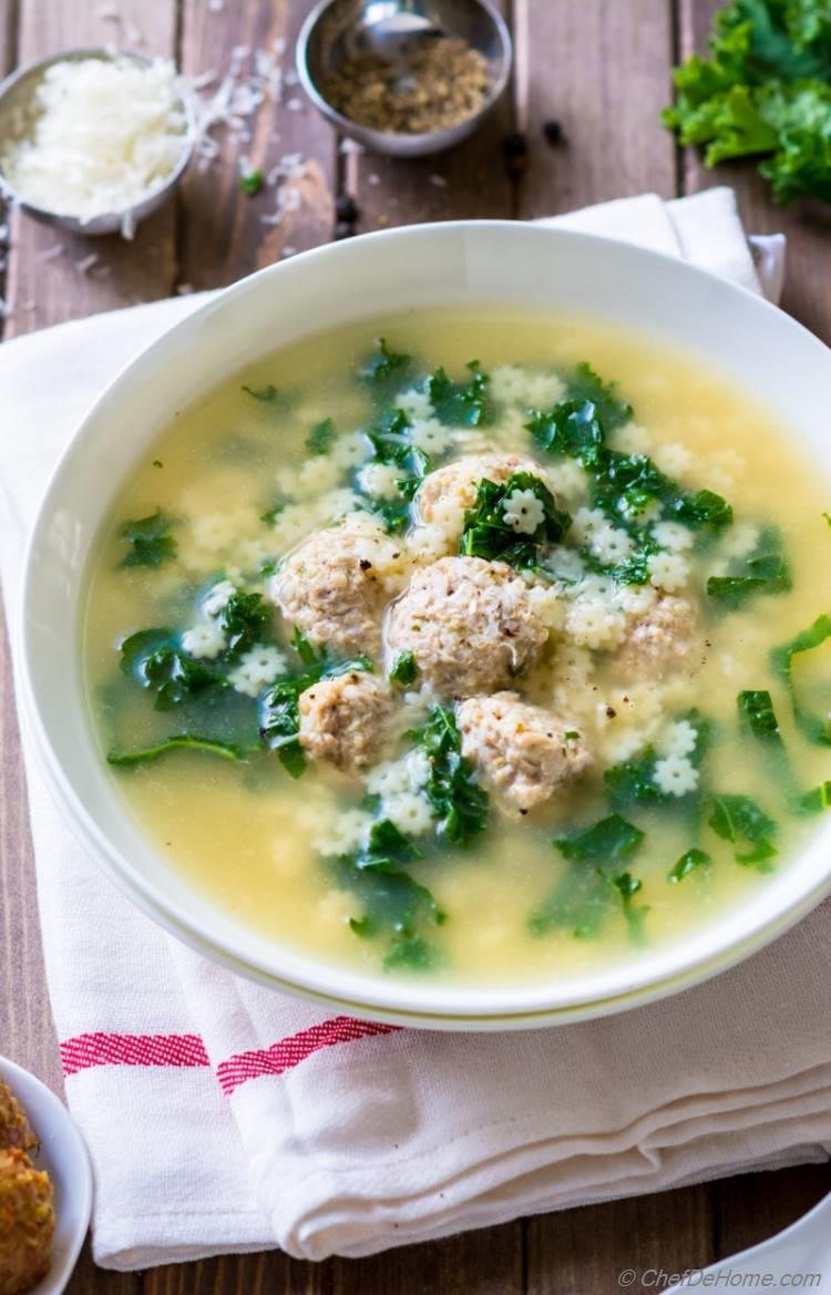 Easy Italian wedding soup with pasta and chicken meatballs and kale | chefdehome.com