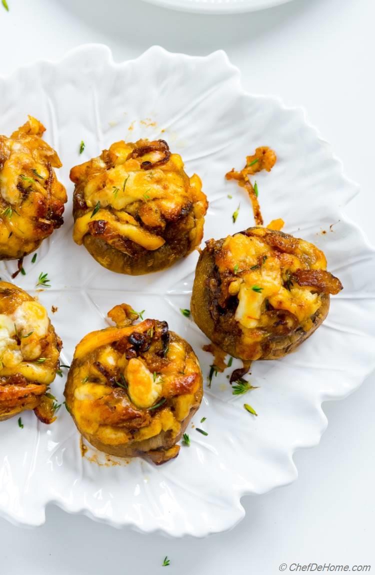 Stuffed Mushrooms Vegetarian with Cheese and Sweet Onions 