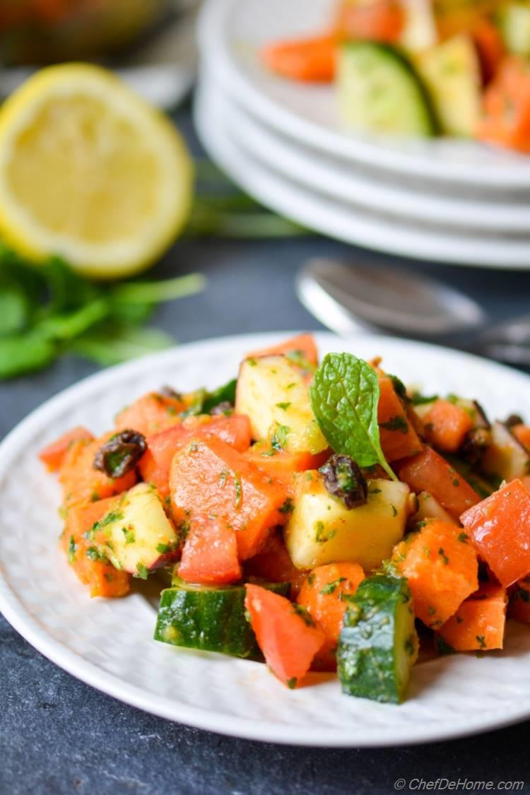 Vegan and Gluten Free Zesty Sweet Potato and Cucumber Fruit Salad