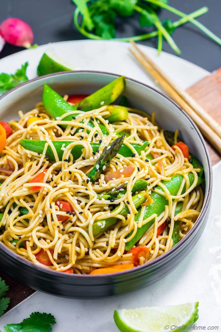 Spicy Soba Noodles Bowl with Snow Pea Asparagus and 