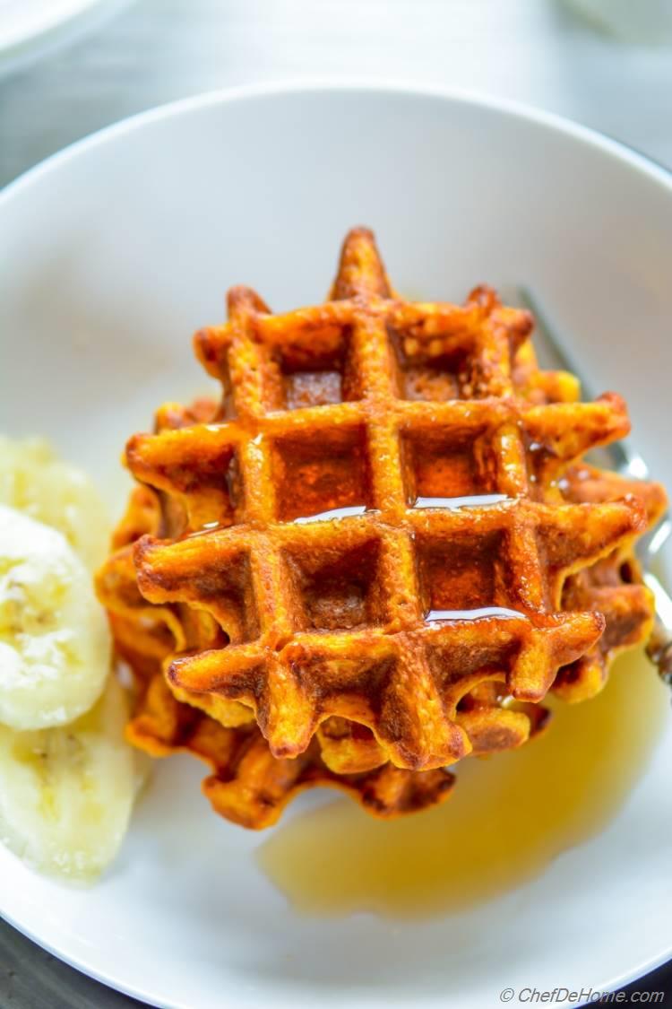 Sweet Potato Spiced Waffles with Crushed Pecans - Baby Led Feeding