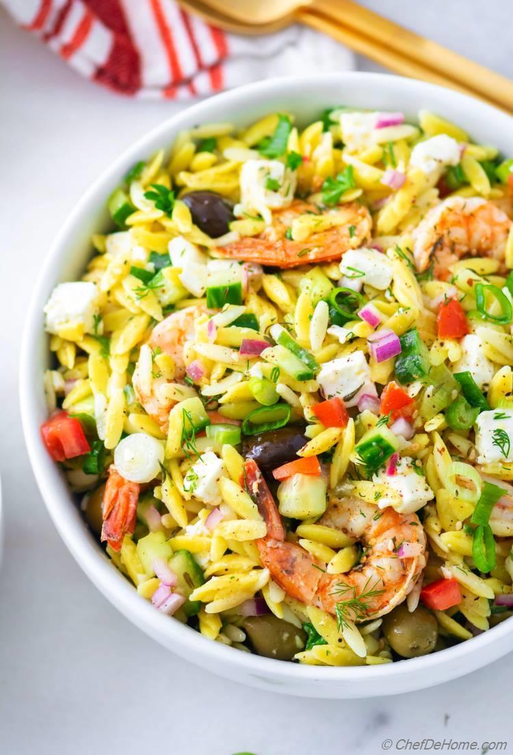 Greek Orzo Pasta Salad with Grilled Shrimp Recipe | ChefDeHome.com