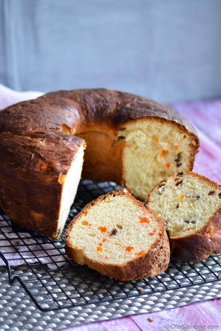 Italian Christmas Panettone Cake - a traditional festive cake jeweled with raisins and candied fruits