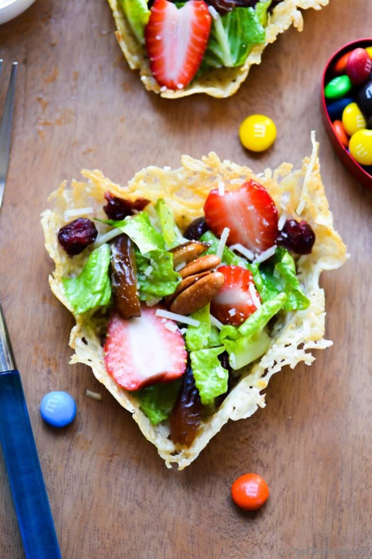 Valentines Day Brunch Salad with Dates Chocolate and Heart-Shape Parmesan Cups