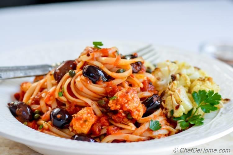 Roasted Cauliflower for Spaghetti alla Puttanesca an easy dinner pasta ready in just 30 minutes | chefdehome.com