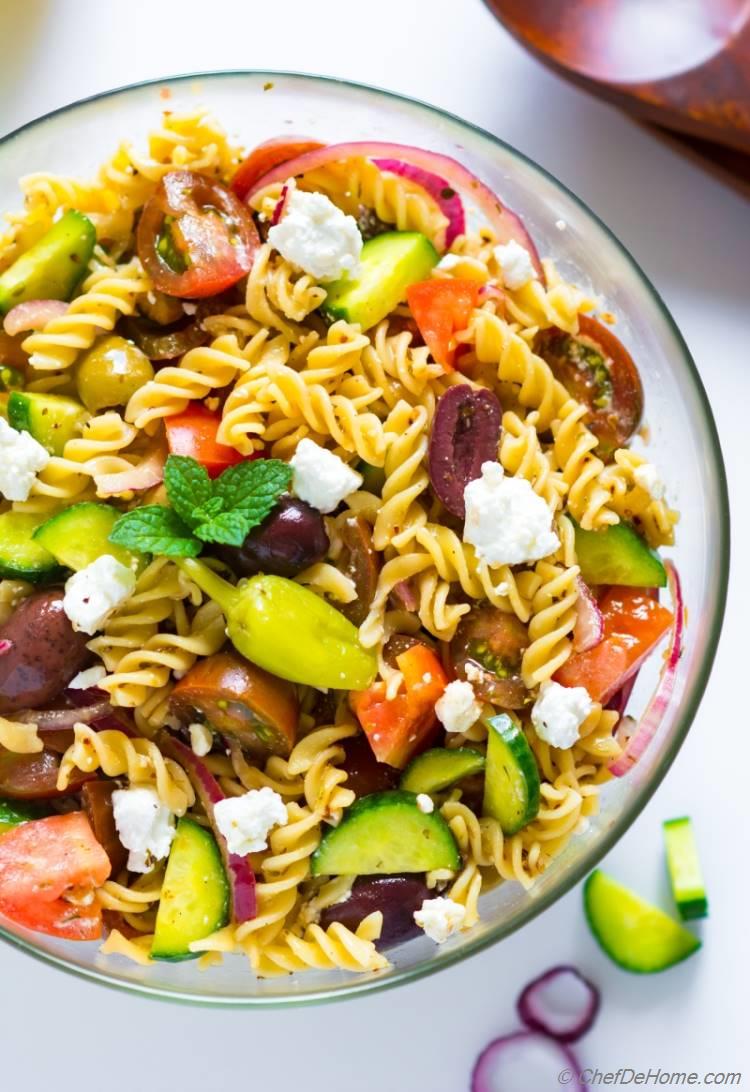 A bowl of Greek Pasta Salad 