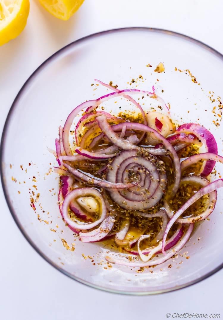 Red Onions Marinated in Greek Pasta Salad Dressing