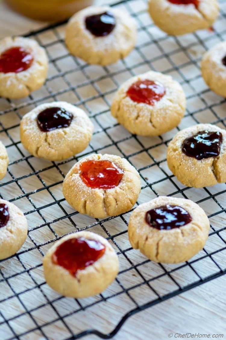 Eggless Easy Peanut Butter and Jelly Thumbprint Cookies | chefdehome.com