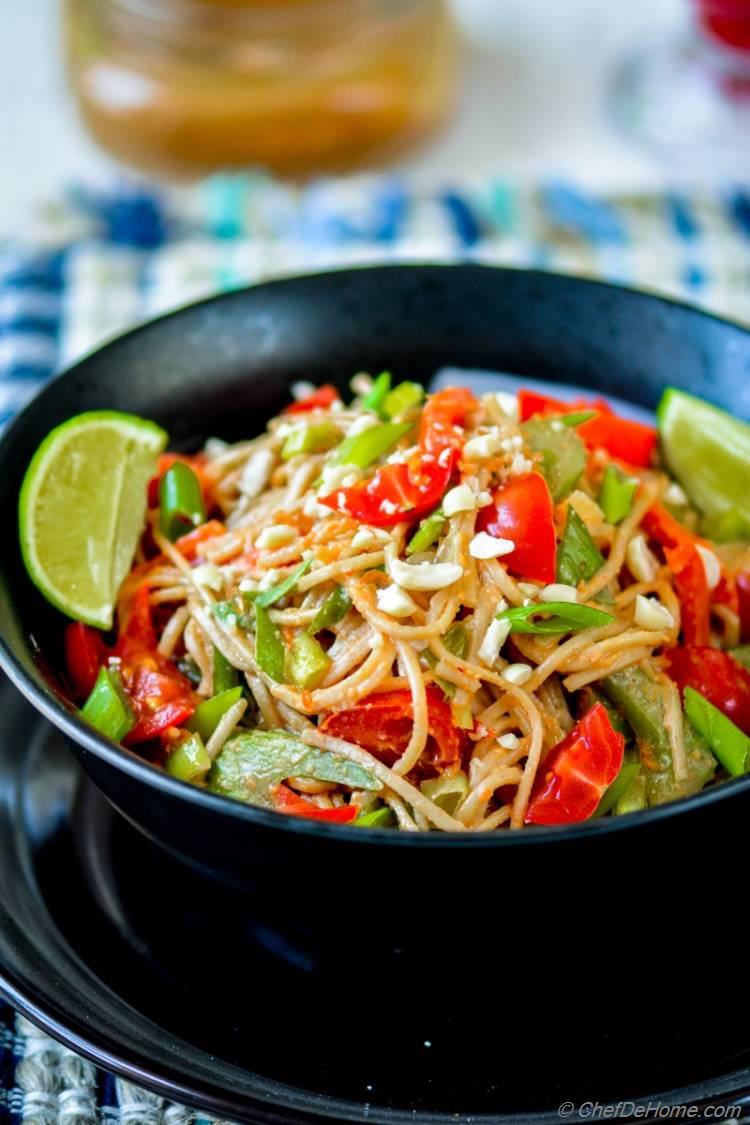 Noodles Coated in Sweet and Spicy Peanut Sauce | Noodles and Company Indonesian Peanut Saute Inspired Recipe | Vegan and Gluten Free | chefdehome.com