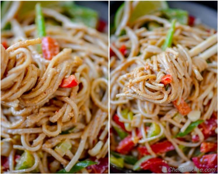 Warm Buckwheat Noodles Coated in Sweet and Spicy Peanut Sauce | chefdehome.com