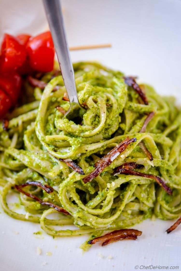 Basil Pesto Pasta with Caramelized Onion and Cherry Tomatoes | chefdehome.com