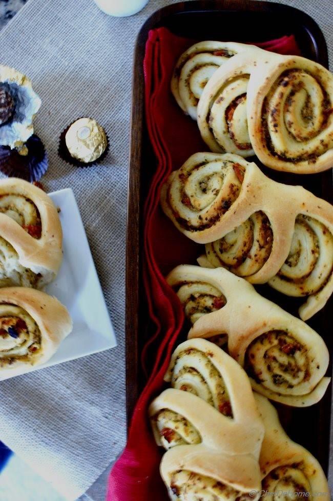 Three Swirls Breakfast Bread Rolls with Basil Pesto and Sun-dried Tomato