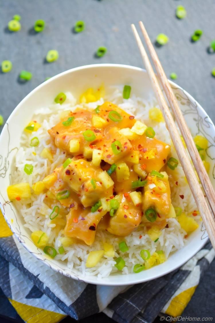 Pineapple Glazed Sweet and Sour Tofu and Rice Bowl Vegan Lunch