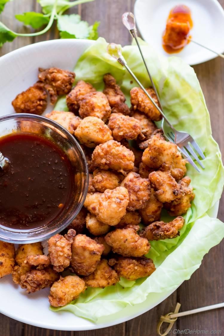 Popcorn Chicken with sweet and hot Firecracker Sauce | chefdehome.com