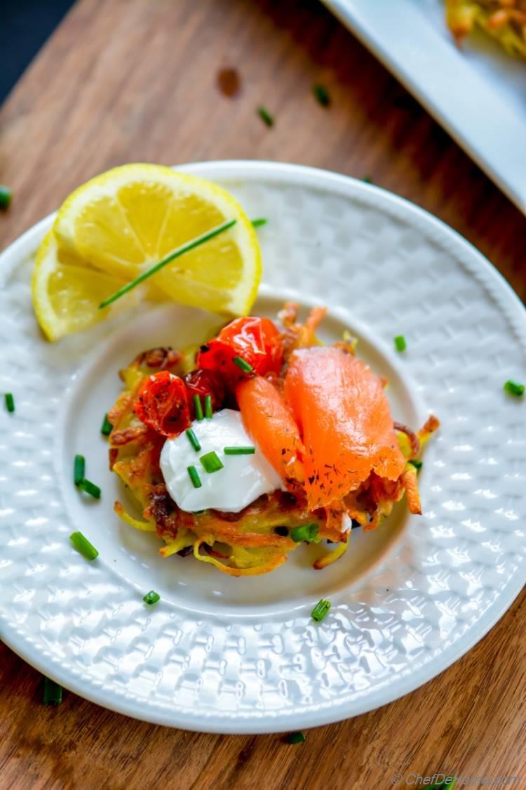 Mini Potatoes Panckaes topped with smoked salmon for easy holiday entertaining | chefdehome.com