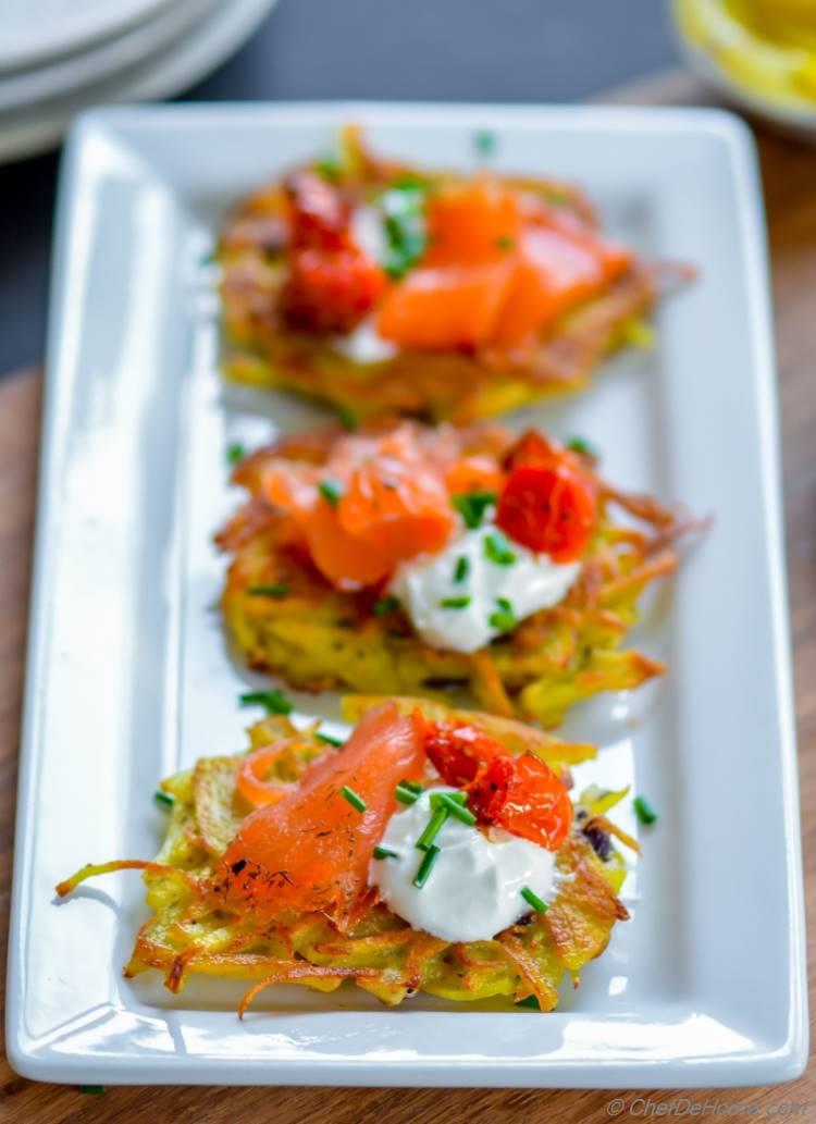 Potato Latkes | Lit up Holiday Party Table with Easy Colorful Appetizer made with Potato and Salmon | chefdehome.com