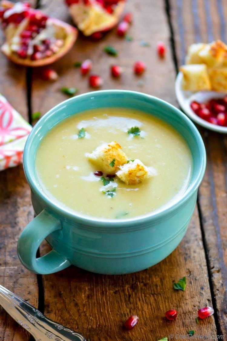 Creamy Potato and Leek Soup Skip Croutons to keep it gluten free and use coconut milk to make it vegan | chefdehome.com 