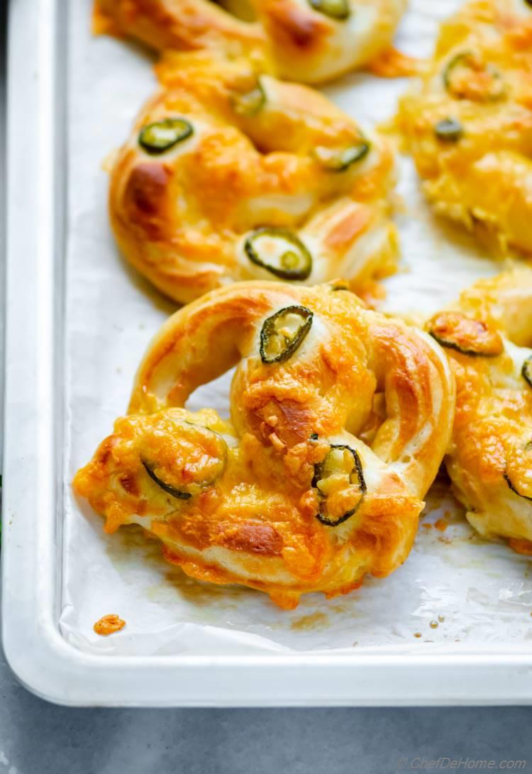 Fresh oven baked Soft Pretzels with cheese and jalapeno