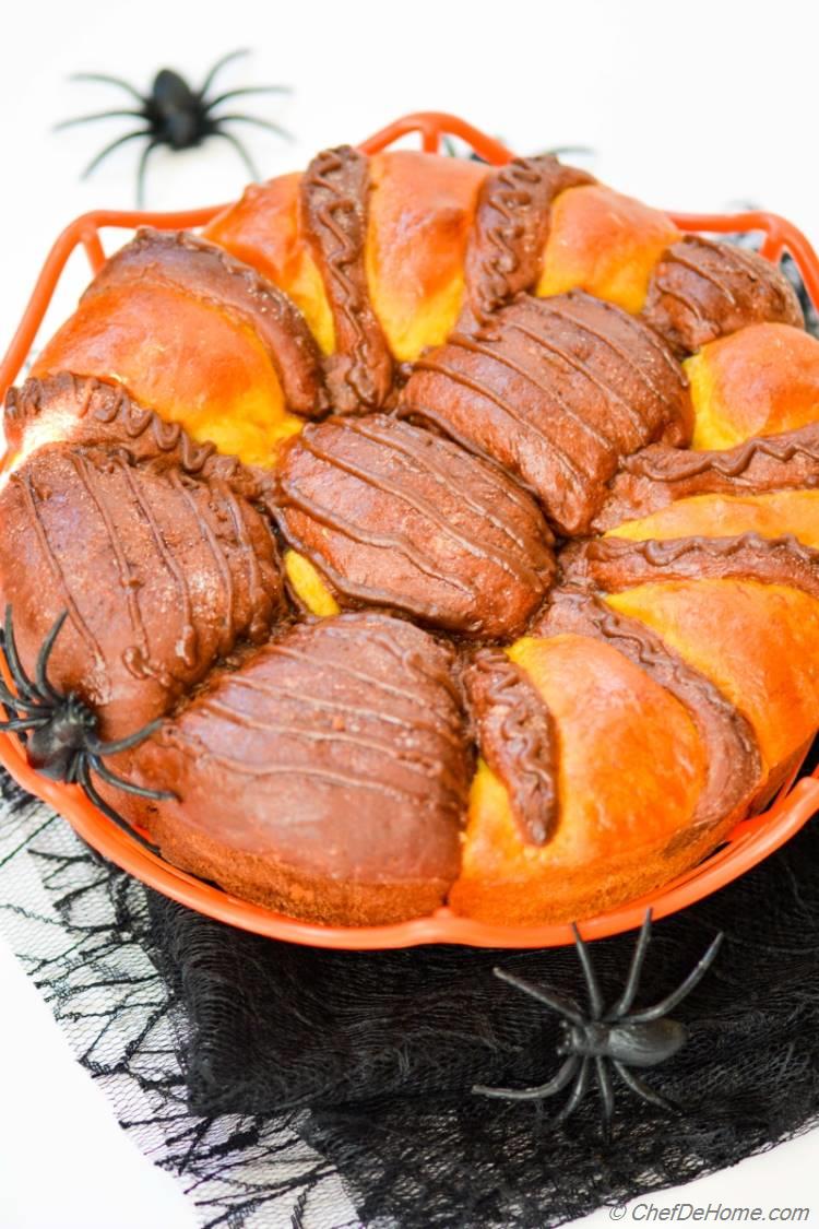 Pumpkin Chocolate Brioche Spider bread with Creepy Spiders. 