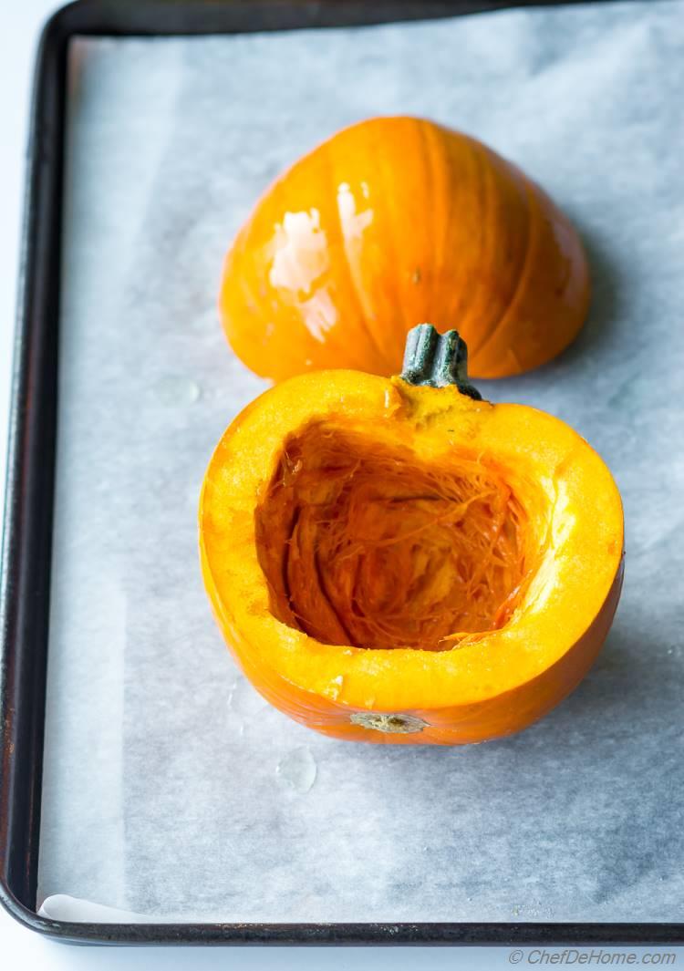 Pumpkin Halves on Sheet pan for Roasting