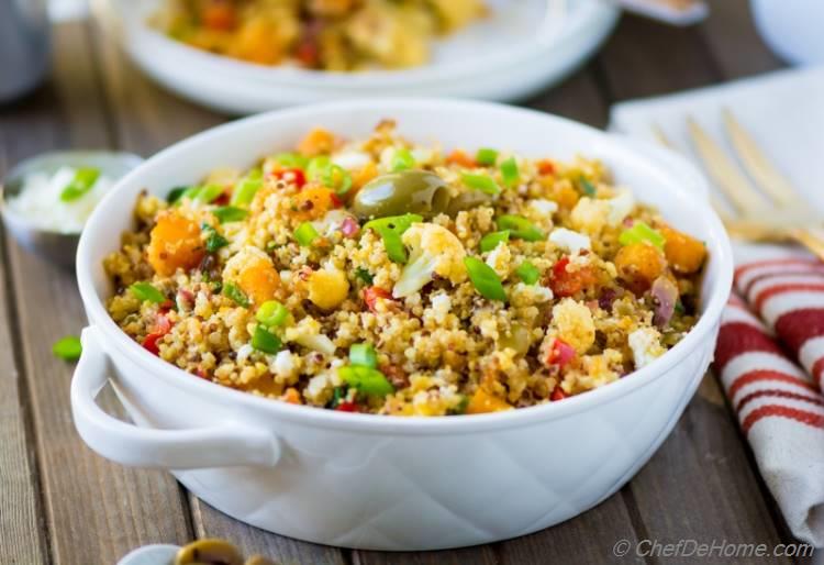 Healthy Quinoa Salad with vegetables olives and herbs | chefdehome.com