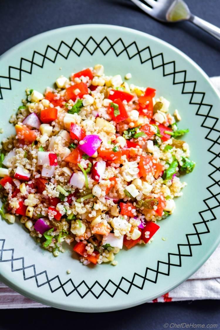 Healthy Quinoa Salad with Summer Veggies and no oil Lite Dressing | chefdehome.com